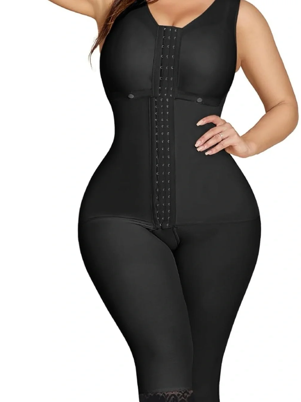Black Full-Body Shapewear Bodysuit with Lace Trim